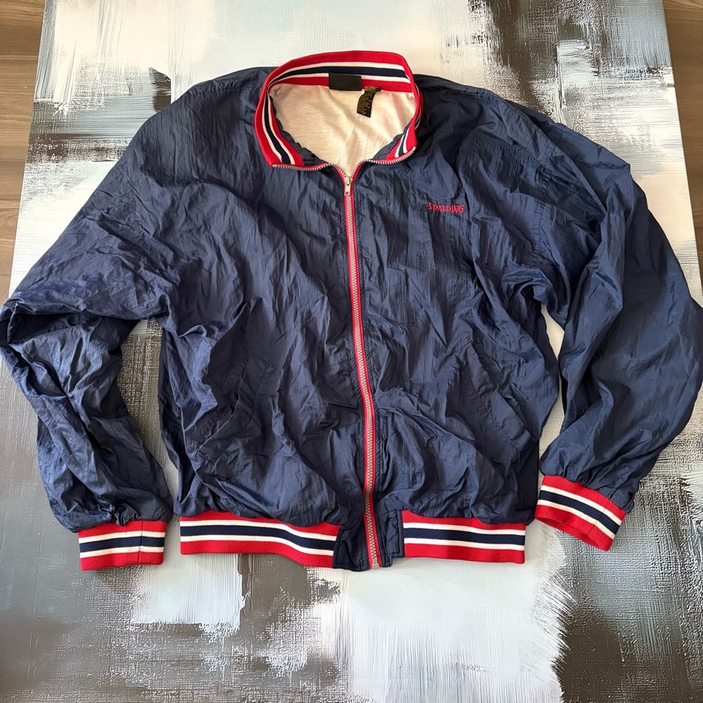 Vintage Spalding Windbreaker Jacket Men’s Large Blue Red White Striped Trim